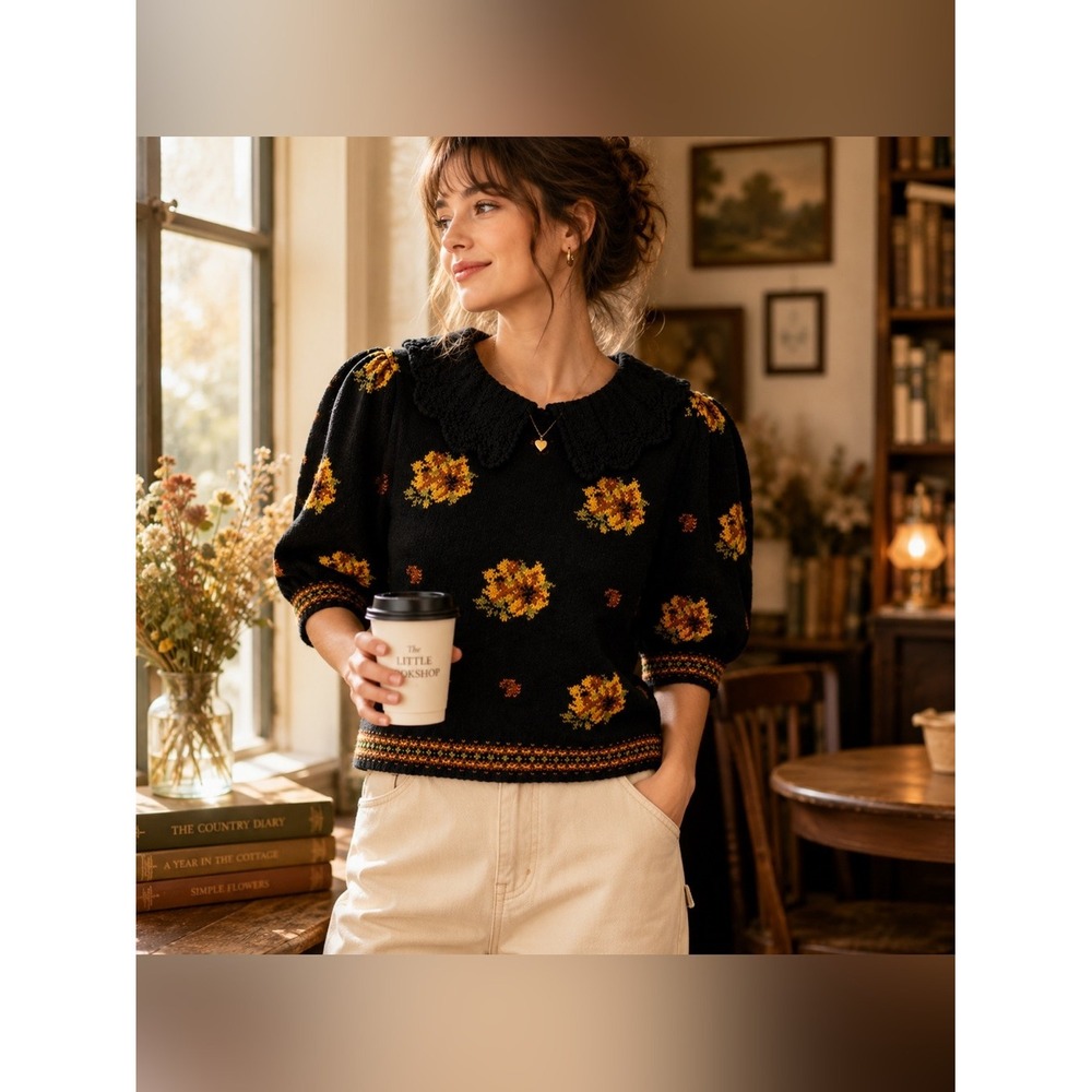 Vintage Cullinan Floral Sweater Peter Pan Collar Whimsy Cottagecore Knit S/M